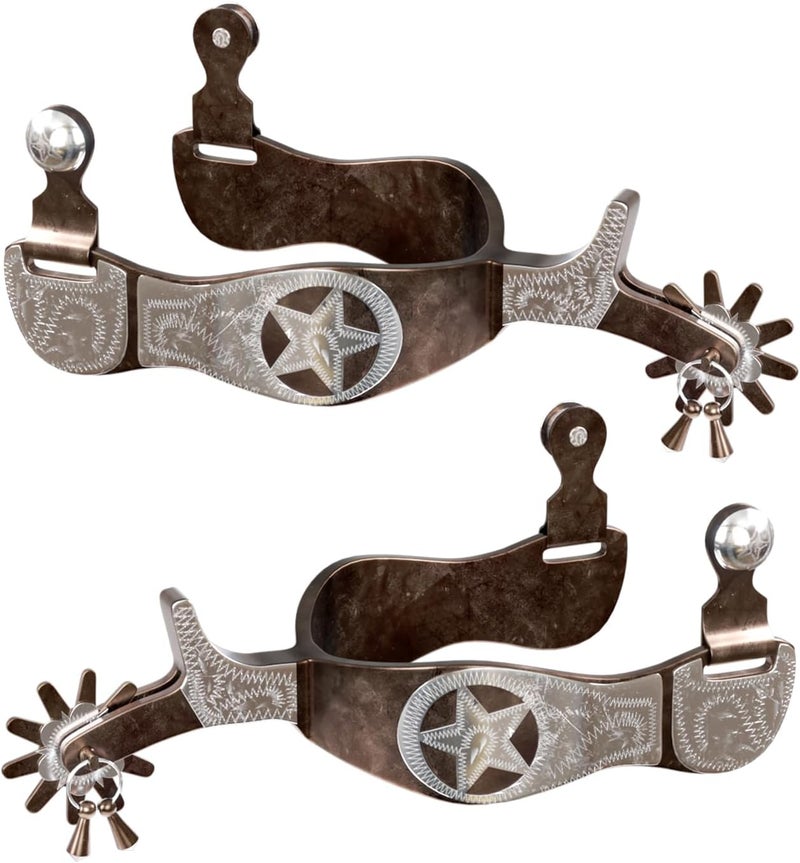 EQUSPUR Western Cowboy Spurs, 1 Pair Horse Spurs with Rowels, Antique Horse Boot Spurs with Hand-Carved Decoration for Adult Equestrian, Men Women - Image 1